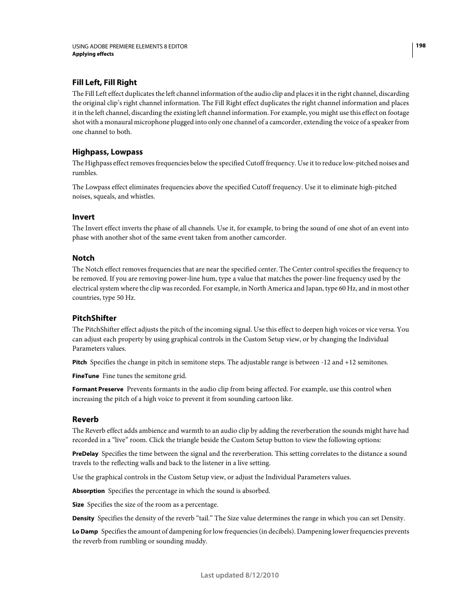 Fill left, fill right, Highpass, lowpass, Invert | Notch, Pitchshifter, Reverb | Adobe Premiere Elements 8 User Manual | Page 203 / 313