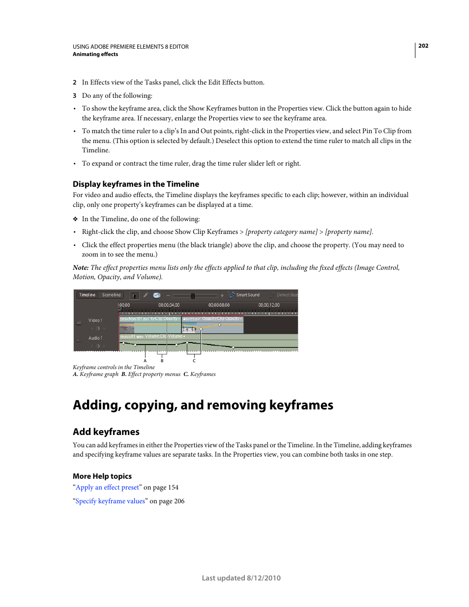 Display keyframes in the timeline, Adding, copying, and removing keyframes, Add keyframes | Adobe Premiere Elements 8 User Manual | Page 207 / 313
