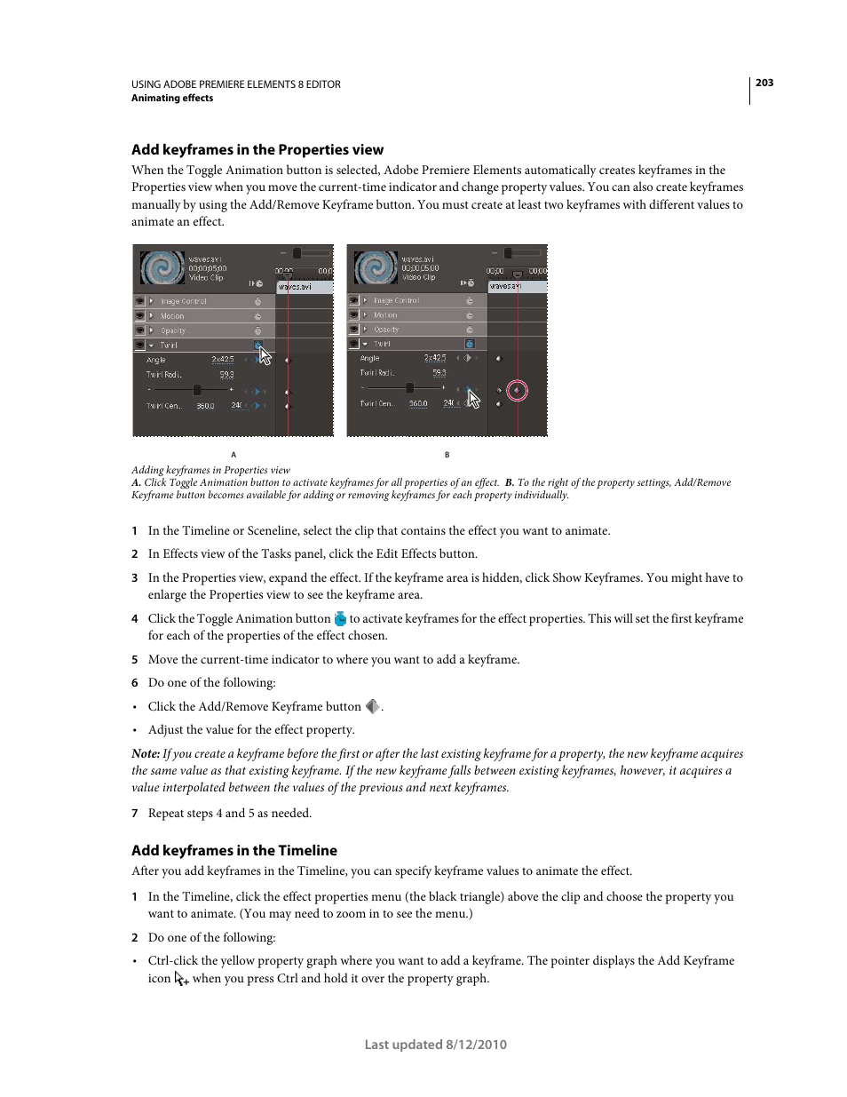 Add keyframes in the properties view, Add keyframes in the timeline | Adobe Premiere Elements 8 User Manual | Page 208 / 313