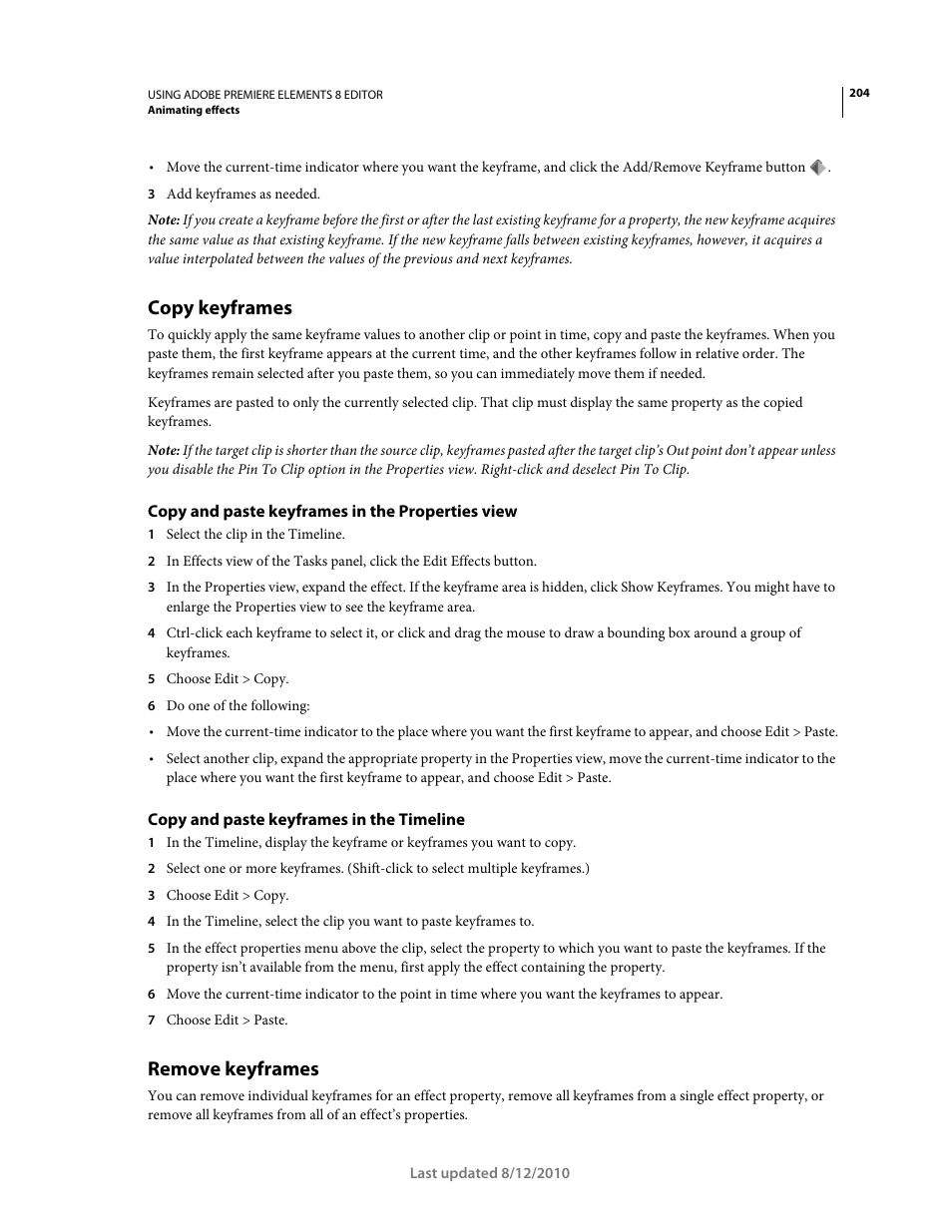 Copy keyframes, Copy and paste keyframes in the properties view, Copy and paste keyframes in the timeline | Remove keyframes | Adobe Premiere Elements 8 User Manual | Page 209 / 313