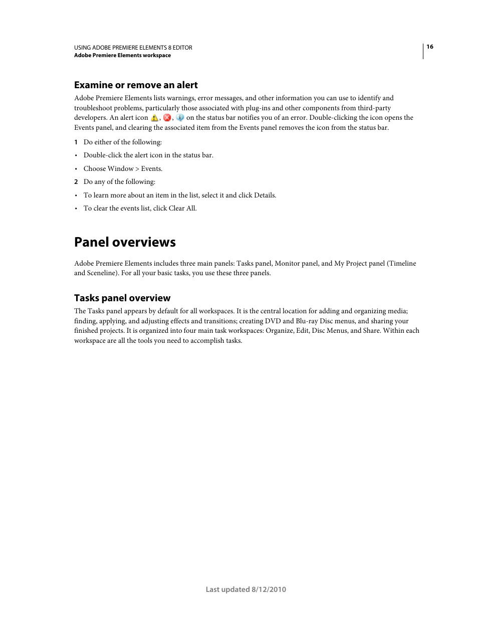 Examine or remove an alert, Panel overviews, Tasks panel overview | Adobe Premiere Elements 8 User Manual | Page 21 / 313