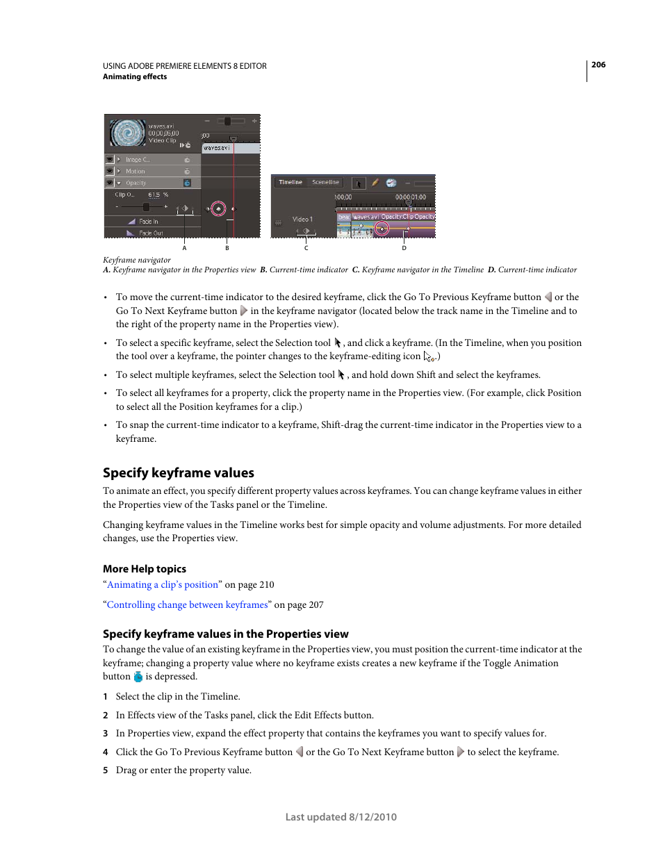 Specify keyframe values, Specify keyframe values in the properties view | Adobe Premiere Elements 8 User Manual | Page 211 / 313