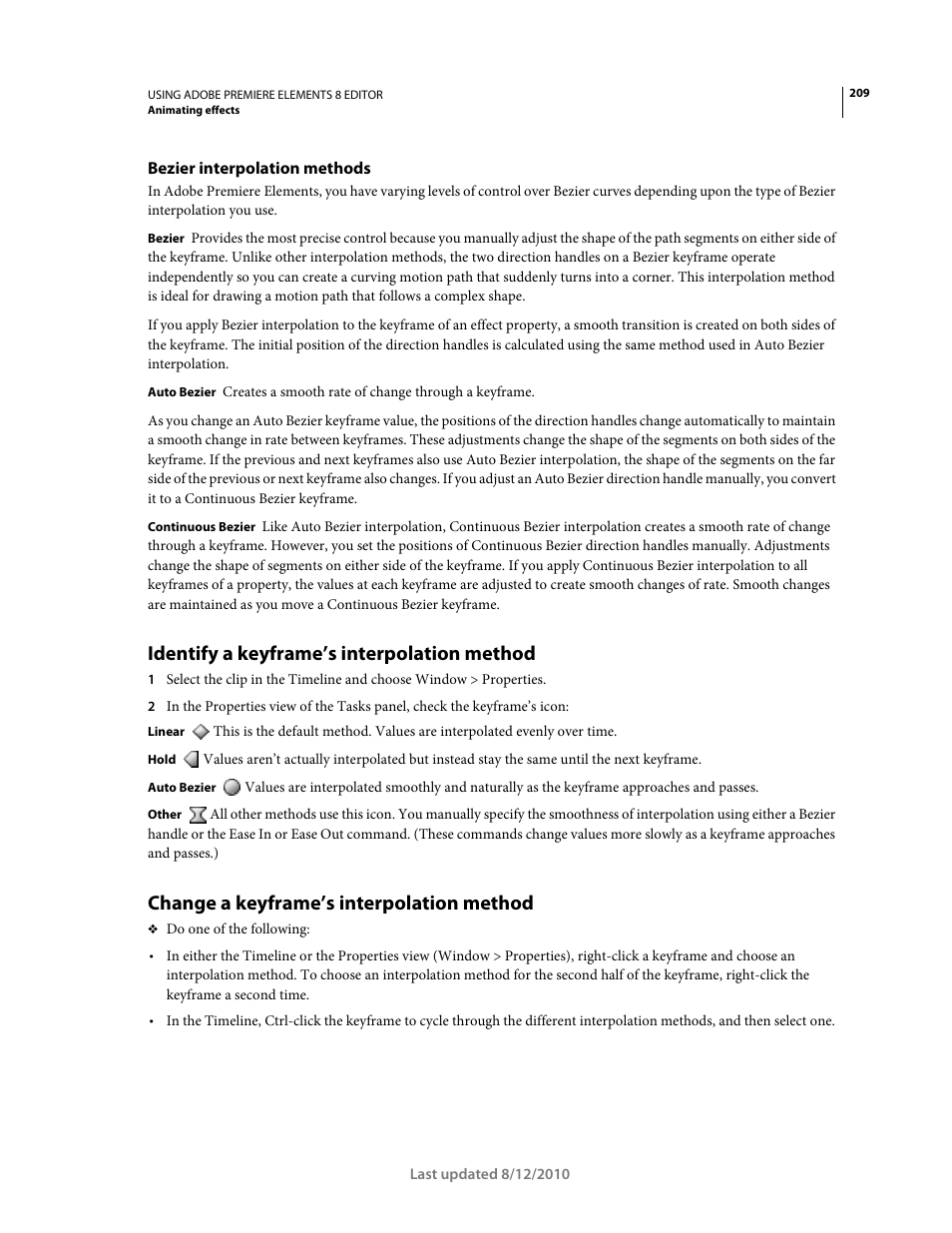 Bezier interpolation methods, Identify a keyframe’s interpolation method, Change a keyframe’s interpolation method | Adobe Premiere Elements 8 User Manual | Page 214 / 313