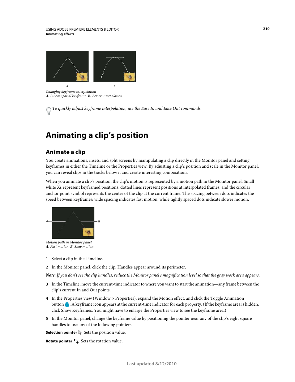 Animating a clip’s position, Animate a clip | Adobe Premiere Elements 8 User Manual | Page 215 / 313