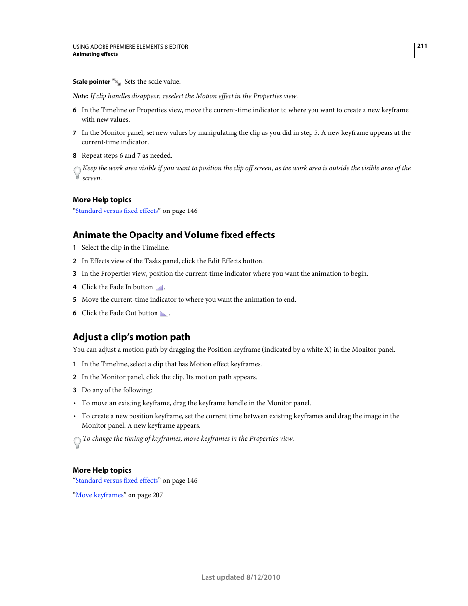 Animate the opacity and volume fixed effects, Adjust a clip’s motion path | Adobe Premiere Elements 8 User Manual | Page 216 / 313