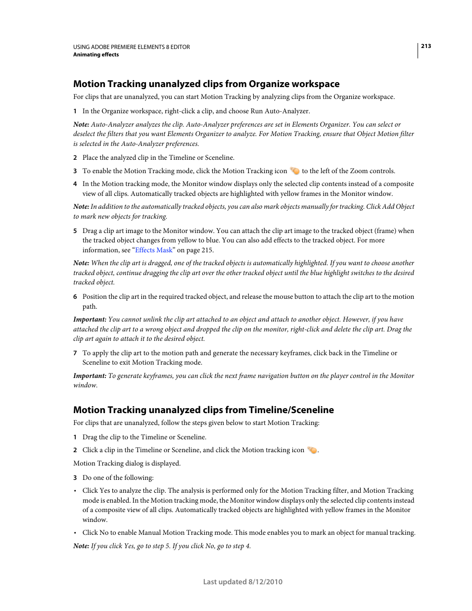 Motion tracking unanalyzed clips from, Timeline/sceneline | Adobe Premiere Elements 8 User Manual | Page 218 / 313