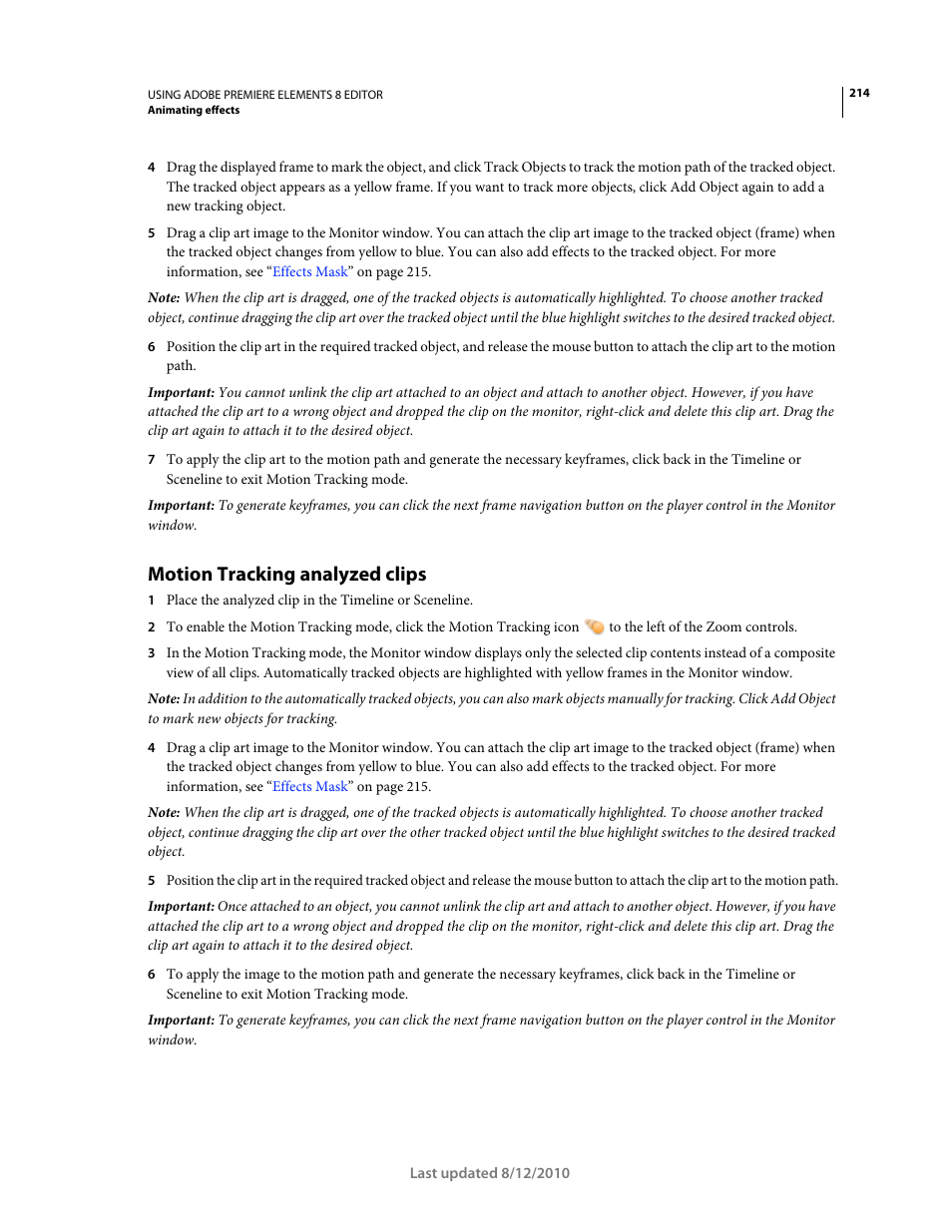 Motion tracking analyzed clips | Adobe Premiere Elements 8 User Manual | Page 219 / 313