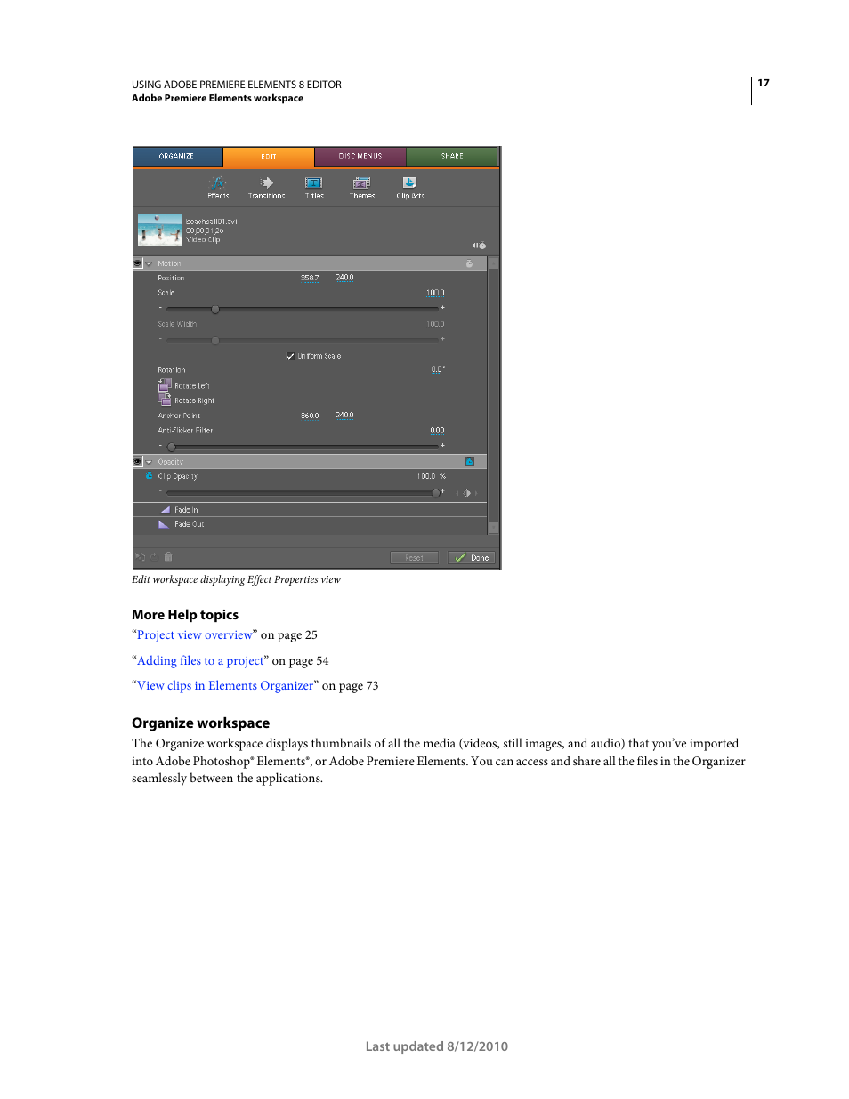 Organize workspace | Adobe Premiere Elements 8 User Manual | Page 22 / 313