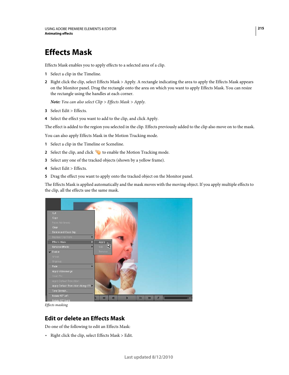 Effects mask, Edit or delete an effects mask, Information, see | Adobe Premiere Elements 8 User Manual | Page 220 / 313