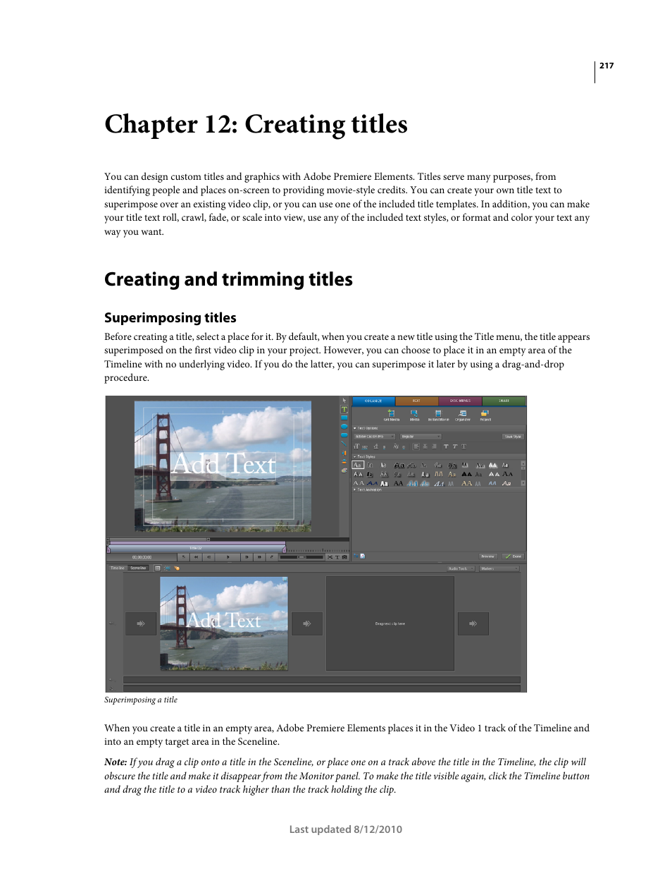 Chapter 12: creating titles, Creating and trimming titles, Superimposing titles | Adobe Premiere Elements 8 User Manual | Page 222 / 313