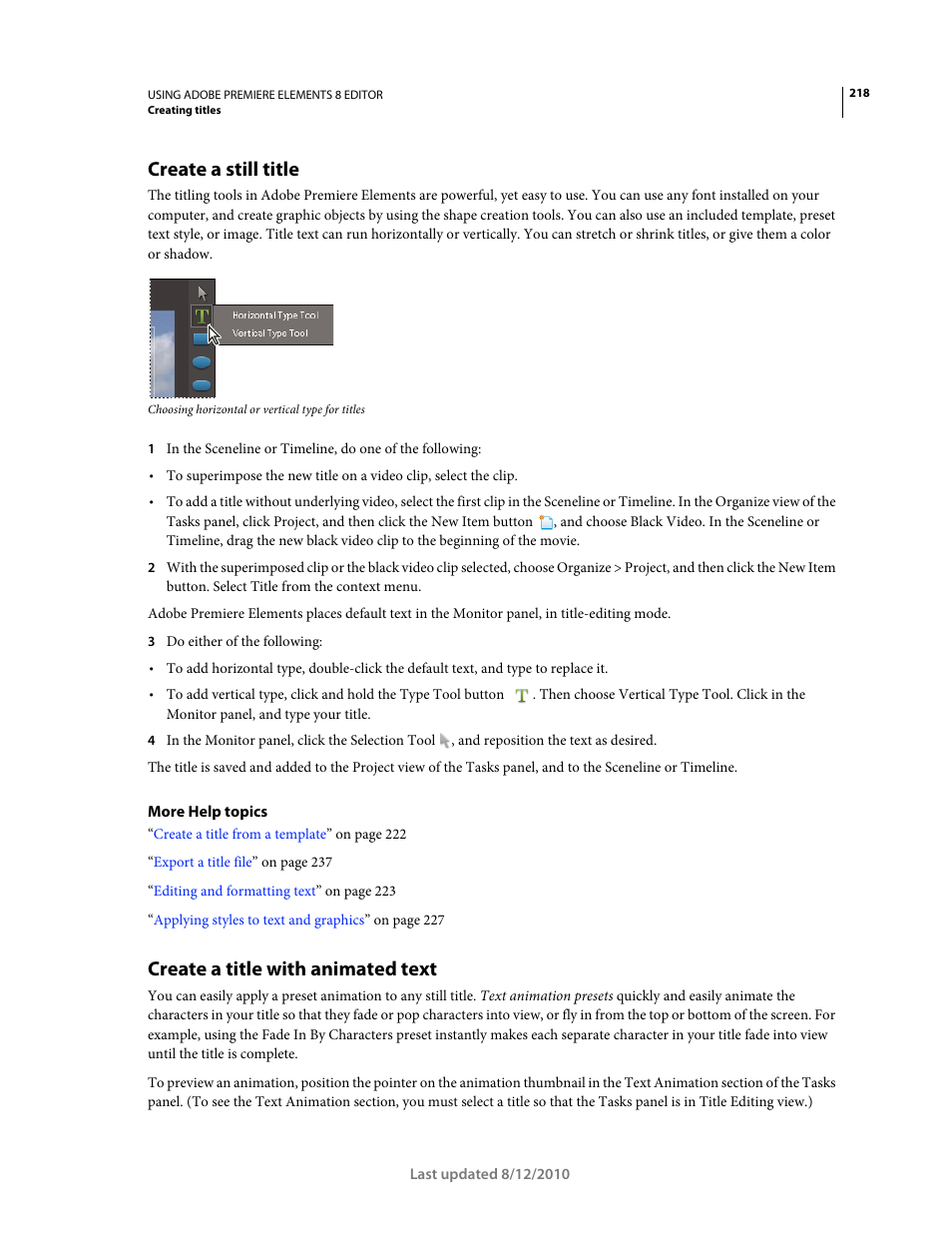 Create a still title, Create a title with animated text | Adobe Premiere Elements 8 User Manual | Page 223 / 313