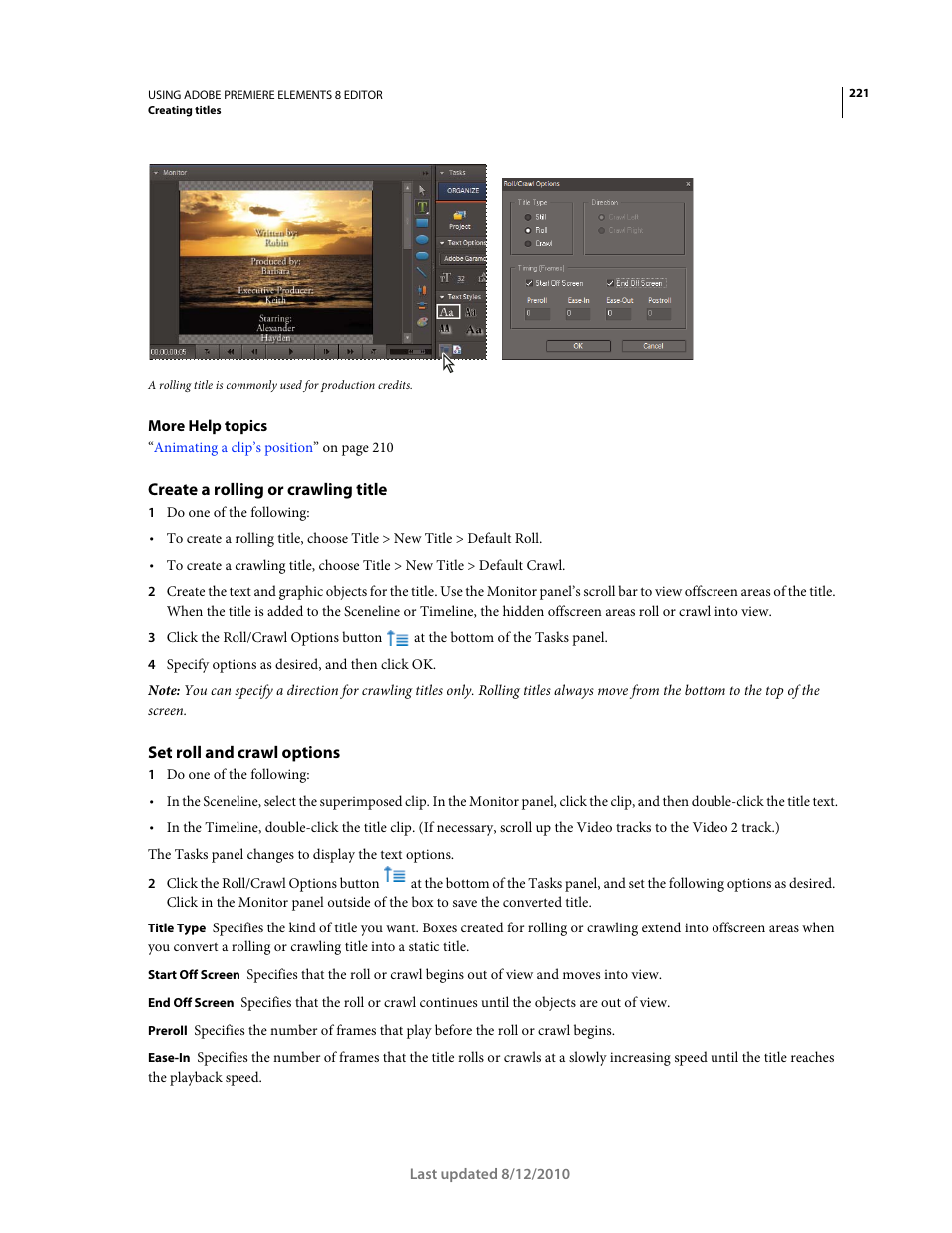 Create a rolling or crawling title, Set roll and crawl options | Adobe Premiere Elements 8 User Manual | Page 226 / 313