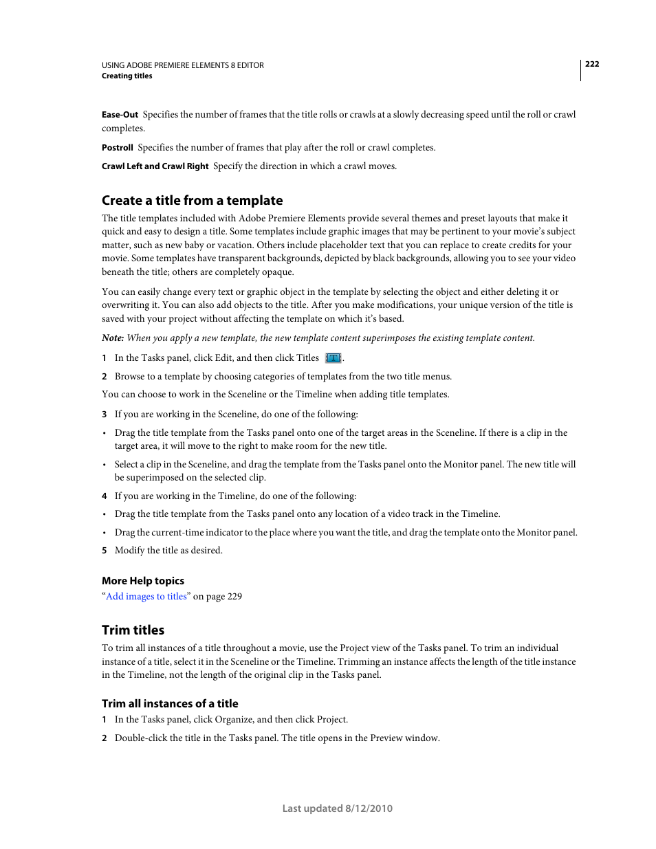 Create a title from a template, Trim titles, Trim all instances of a title | Adobe Premiere Elements 8 User Manual | Page 227 / 313