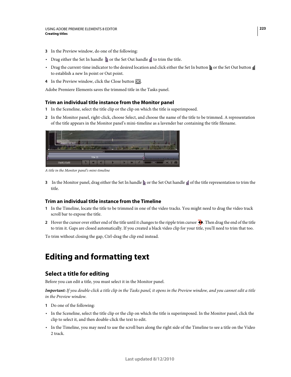 Editing and formatting text, Select a title for editing | Adobe Premiere Elements 8 User Manual | Page 228 / 313