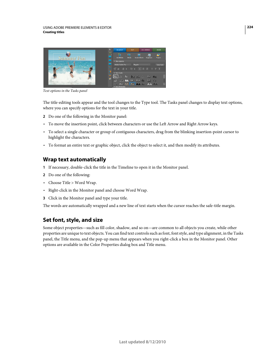 Wrap text automatically, Set font, style, and size | Adobe Premiere Elements 8 User Manual | Page 229 / 313