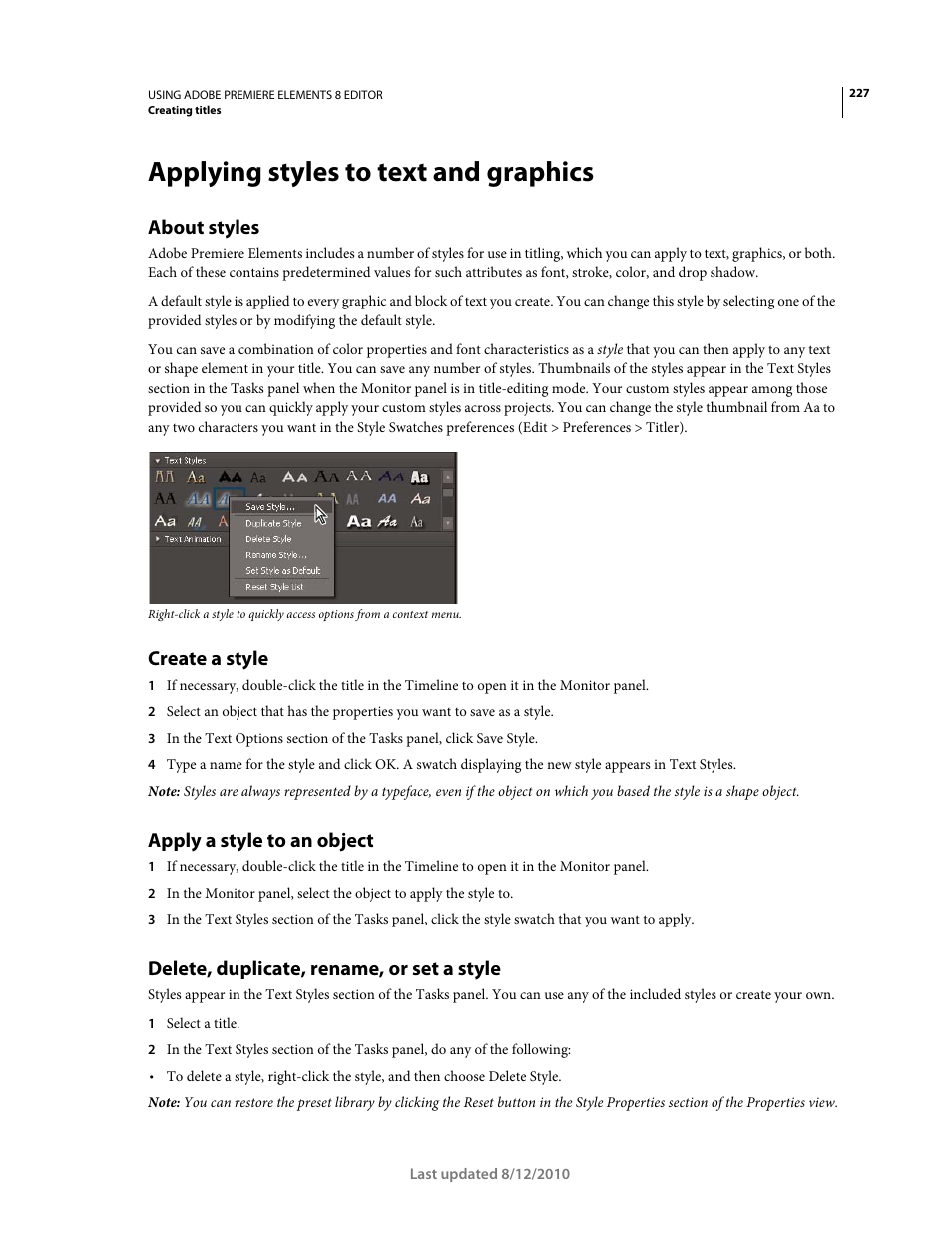 Applying styles to text and graphics, About styles, Create a style | Apply a style to an object, Delete, duplicate, rename, or set a style | Adobe Premiere Elements 8 User Manual | Page 232 / 313