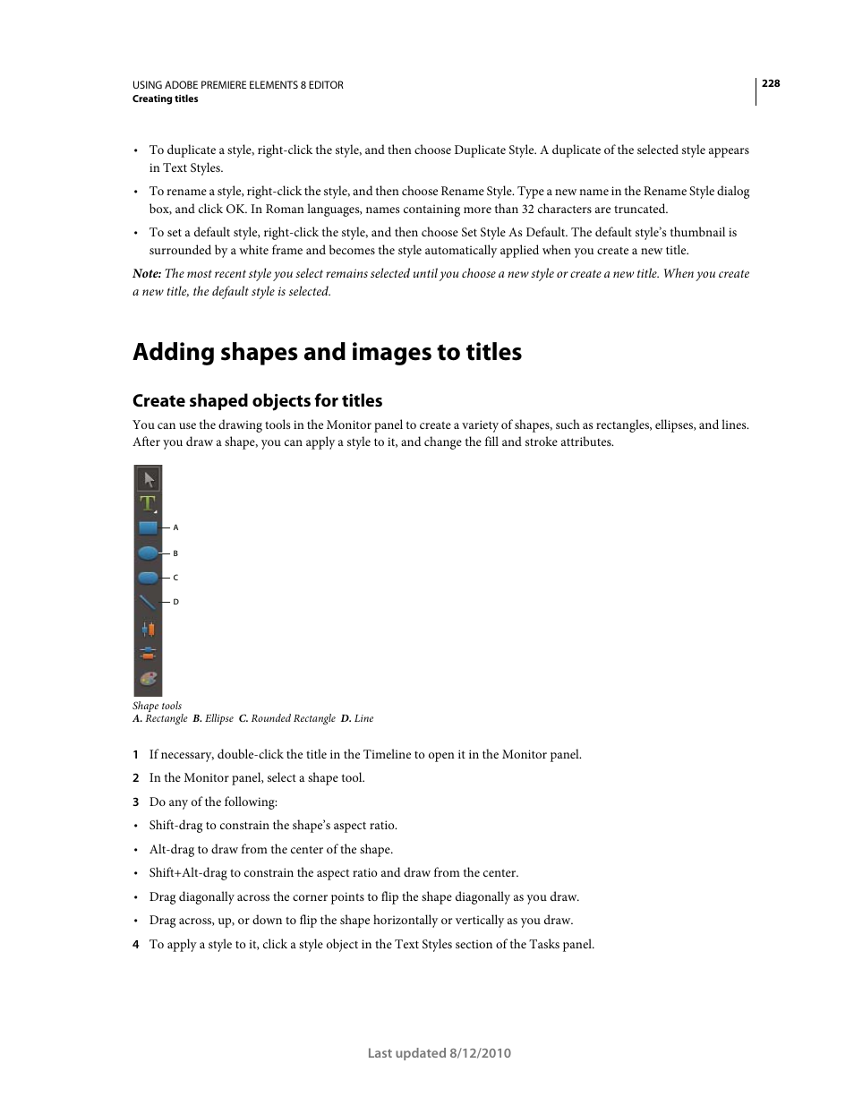 Adding shapes and images to titles, Create shaped objects for titles | Adobe Premiere Elements 8 User Manual | Page 233 / 313