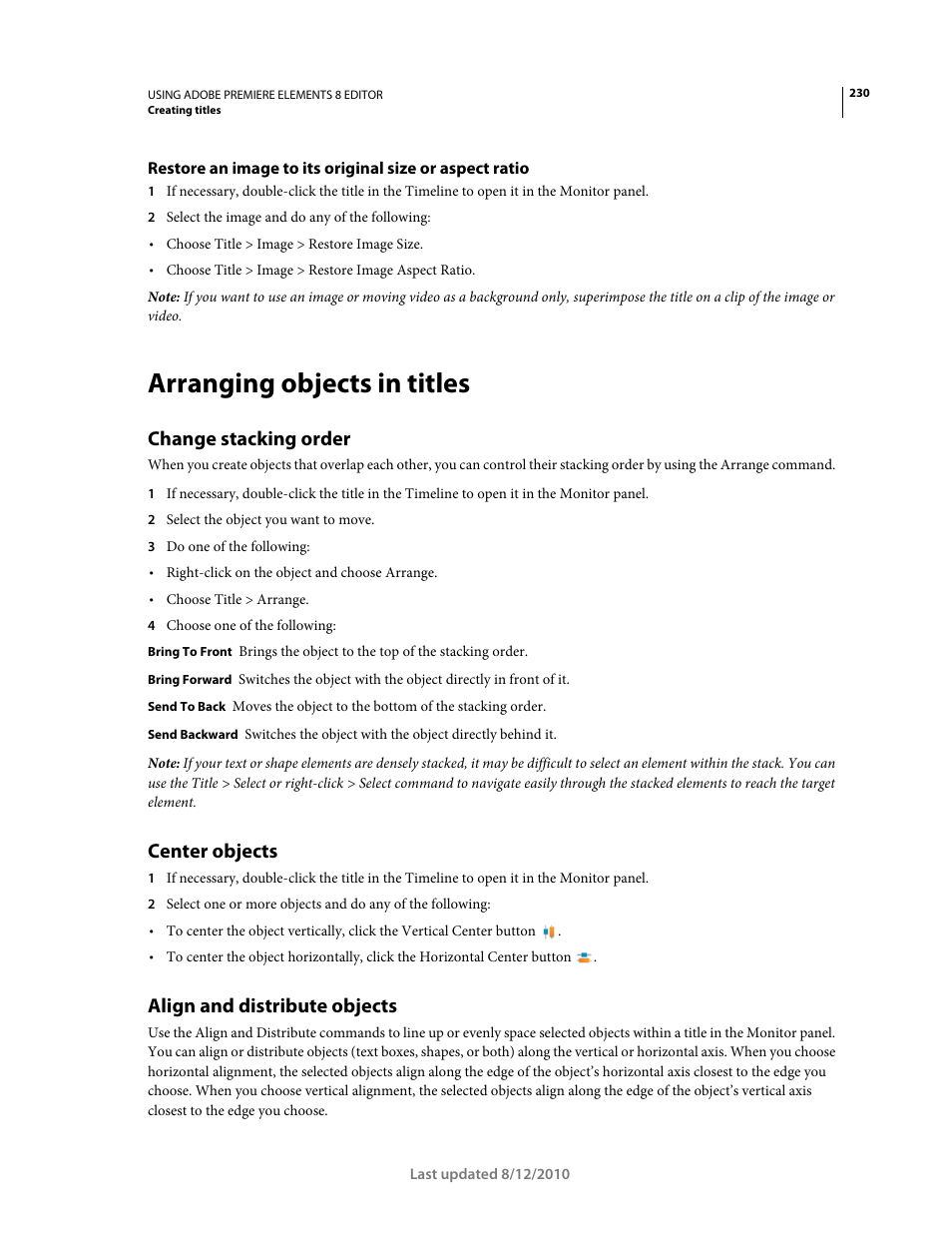 Arranging objects in titles, Change stacking order, Center objects | Align and distribute objects | Adobe Premiere Elements 8 User Manual | Page 235 / 313
