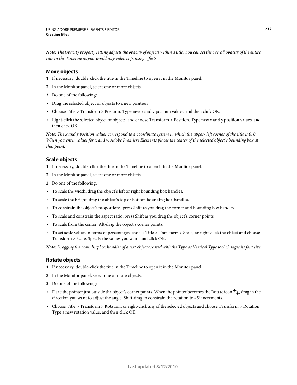 Move objects, Scale objects, Rotate objects | Adobe Premiere Elements 8 User Manual | Page 237 / 313