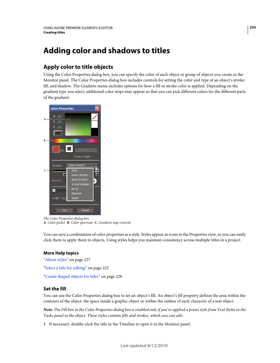 Adding color and shadows to titles, Apply color to title objects, Set the fill | Adobe Premiere Elements 8 User Manual | Page 238 / 313