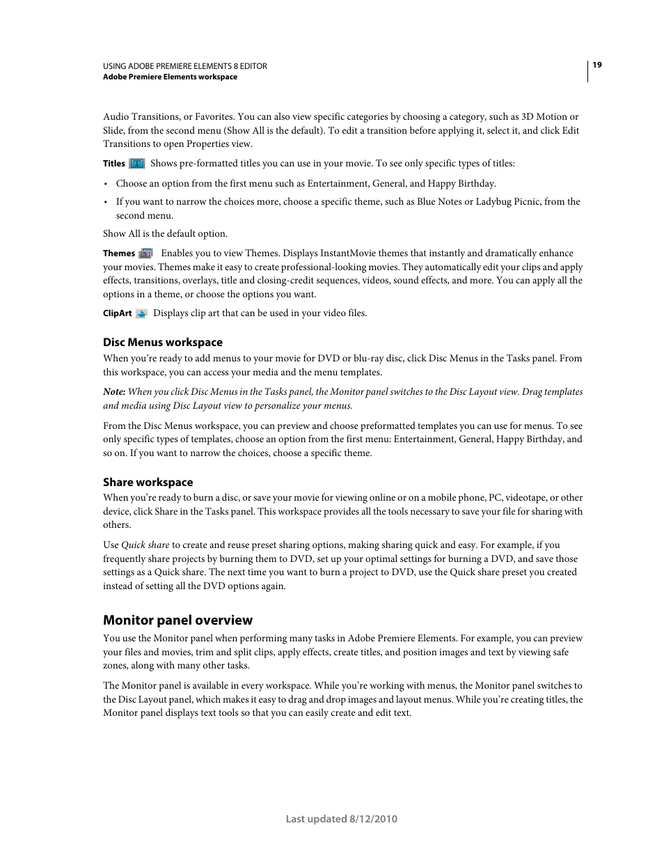 Disc menus workspace, Share workspace, Monitor panel overview | Adobe Premiere Elements 8 User Manual | Page 24 / 313