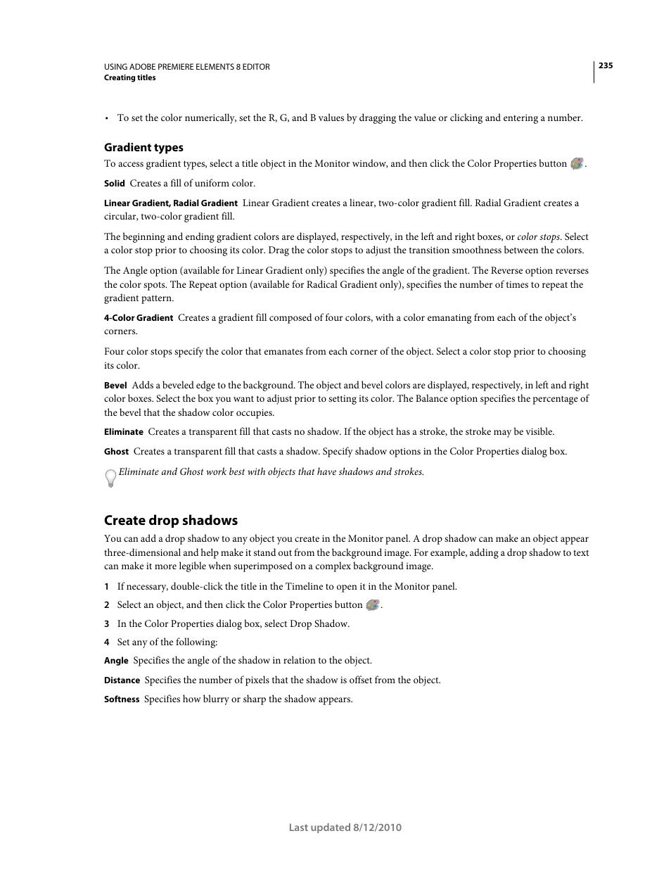 Gradient types, Create drop shadows | Adobe Premiere Elements 8 User Manual | Page 240 / 313