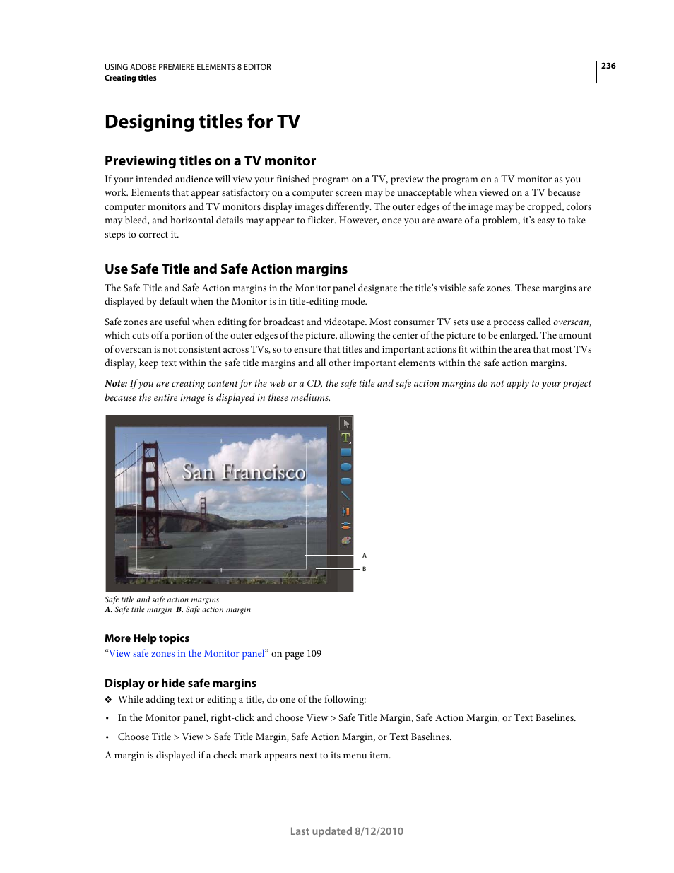 Designing titles for tv, Previewing titles on a tv monitor, Use safe title and safe action margins | Display or hide safe margins | Adobe Premiere Elements 8 User Manual | Page 241 / 313