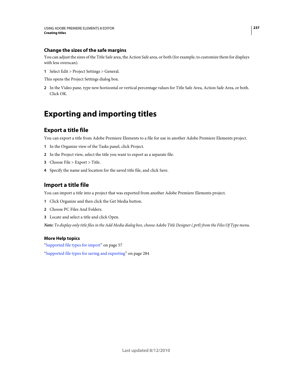 Change the sizes of the safe margins, Exporting and importing titles, Export a title file | Import a title file | Adobe Premiere Elements 8 User Manual | Page 242 / 313