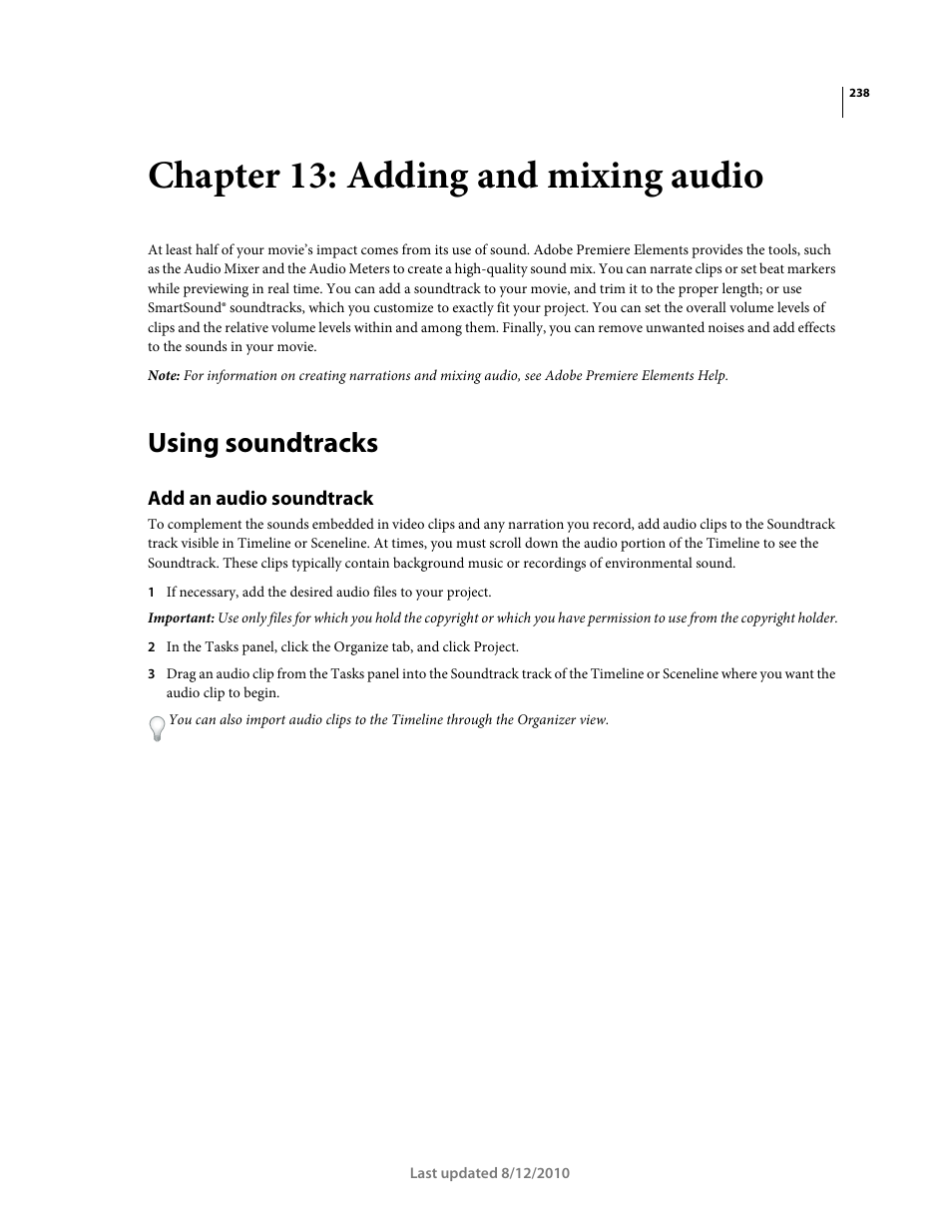 Chapter 13: adding and mixing audio, Using soundtracks, Add an audio soundtrack | Adding and mixing audio | Adobe Premiere Elements 8 User Manual | Page 243 / 313