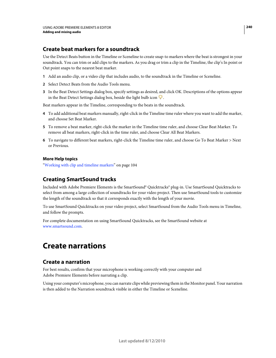 Create beat markers for a soundtrack, Creating smartsound tracks, Create narrations | Create a narration, Create beat markers, For a soundtrack | Adobe Premiere Elements 8 User Manual | Page 245 / 313