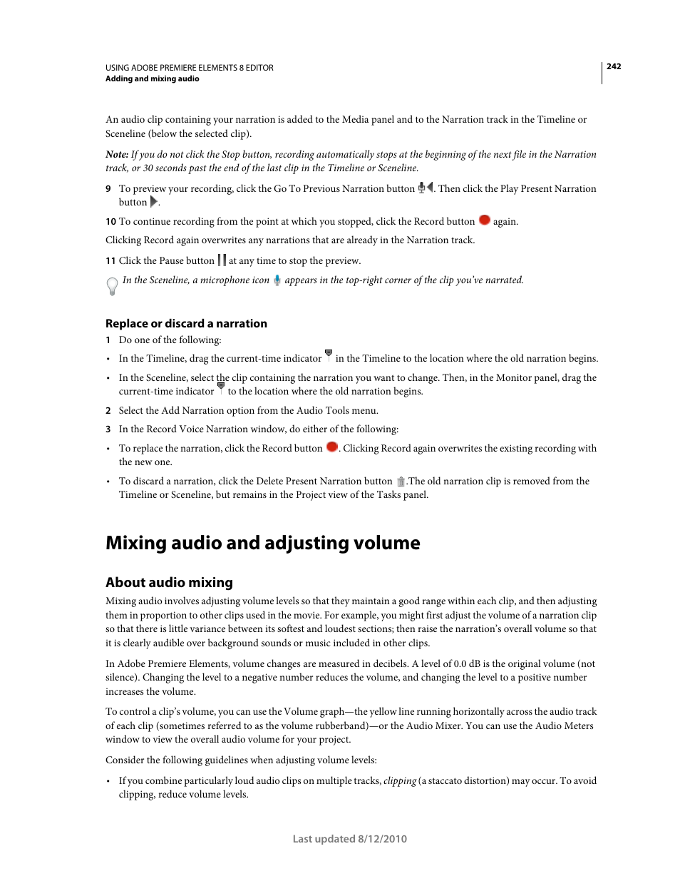 Replace or discard a narration, Mixing audio and adjusting volume, About audio mixing | Adobe Premiere Elements 8 User Manual | Page 247 / 313