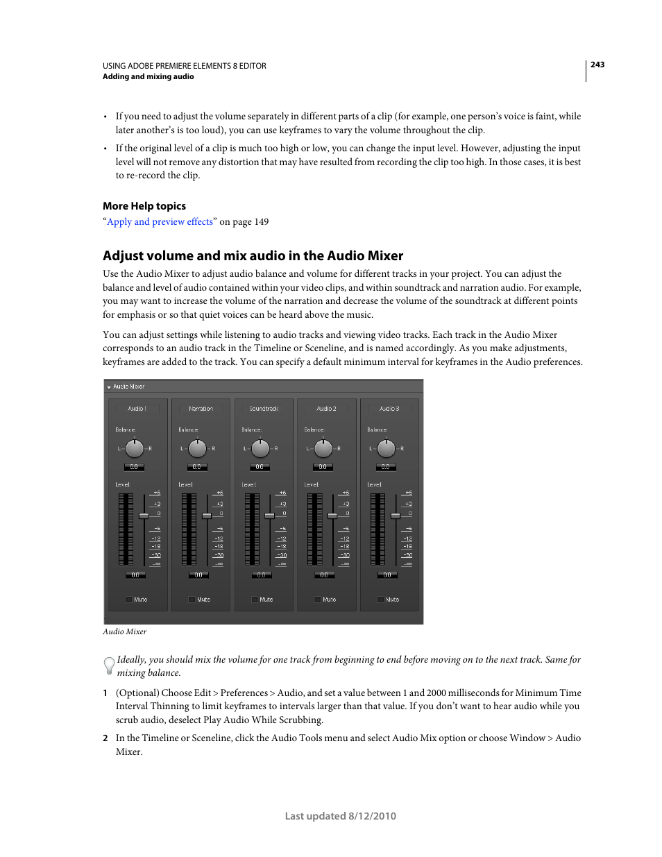 Adjust volume and mix audio in the audio mixer | Adobe Premiere Elements 8 User Manual | Page 248 / 313