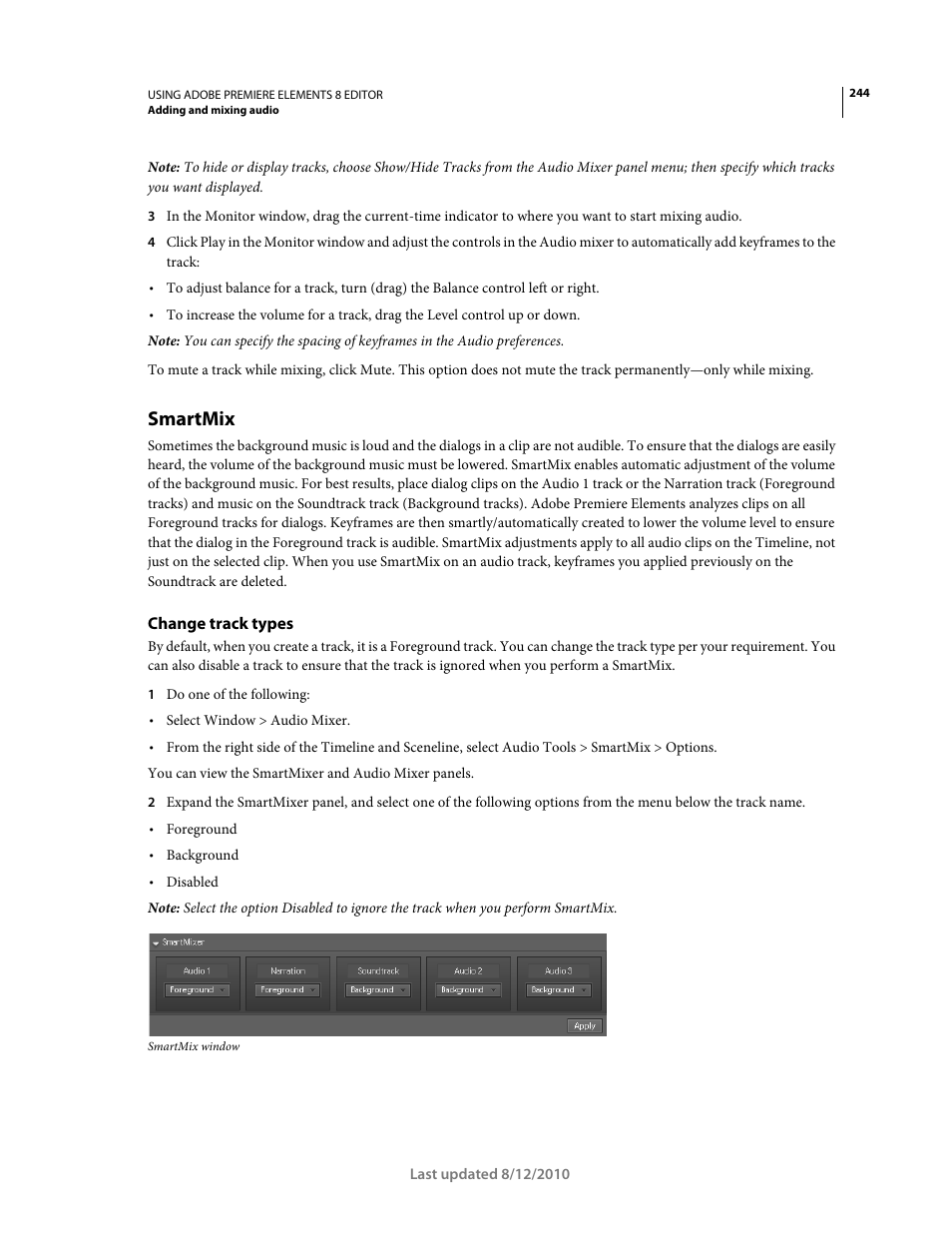 Smartmix, Change track types | Adobe Premiere Elements 8 User Manual | Page 249 / 313