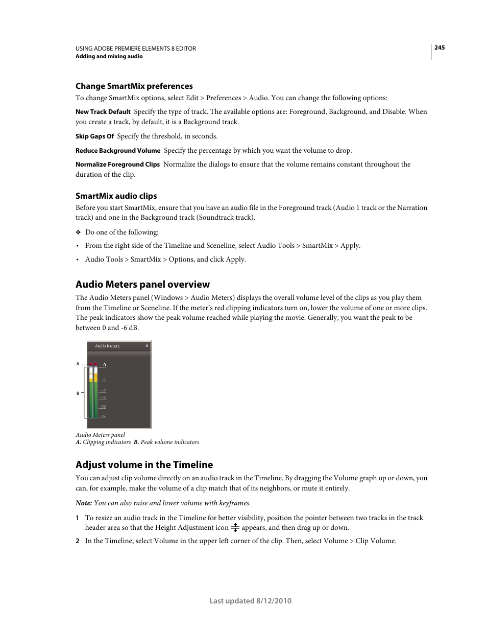 Change smartmix preferences, Smartmix audio clips, Audio meters panel overview | Adjust volume in the timeline | Adobe Premiere Elements 8 User Manual | Page 250 / 313