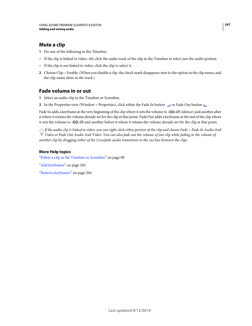 Mute a clip, Fade volume in or out | Adobe Premiere Elements 8 User Manual | Page 252 / 313