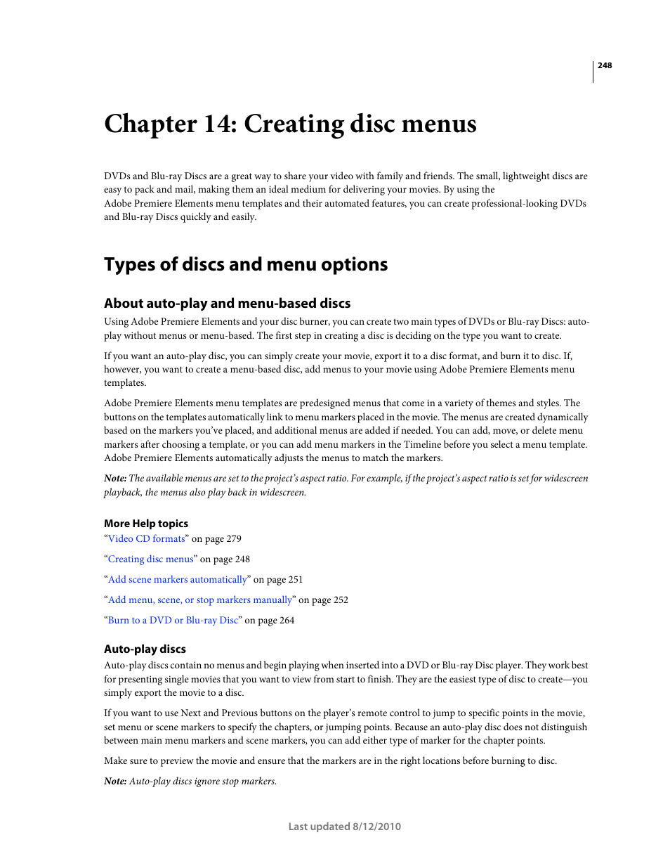 Chapter 14: creating disc menus, Types of discs and menu options, About auto-play and menu-based discs | Auto-play discs | Adobe Premiere Elements 8 User Manual | Page 253 / 313