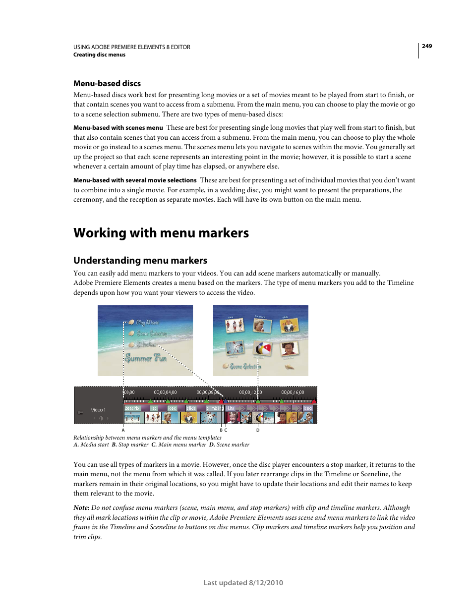 Menu-based discs, Working with menu markers, Understanding menu markers | Working with, Menu markers | Adobe Premiere Elements 8 User Manual | Page 254 / 313