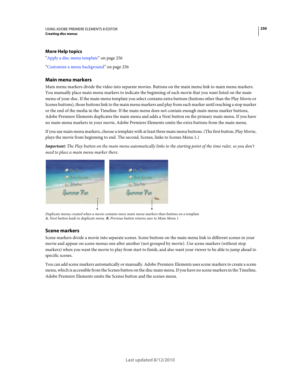 Main menu markers, Scene markers | Adobe Premiere Elements 8 User Manual | Page 255 / 313