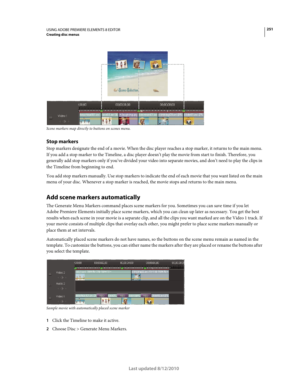 Stop markers, Add scene markers automatically | Adobe Premiere Elements 8 User Manual | Page 256 / 313