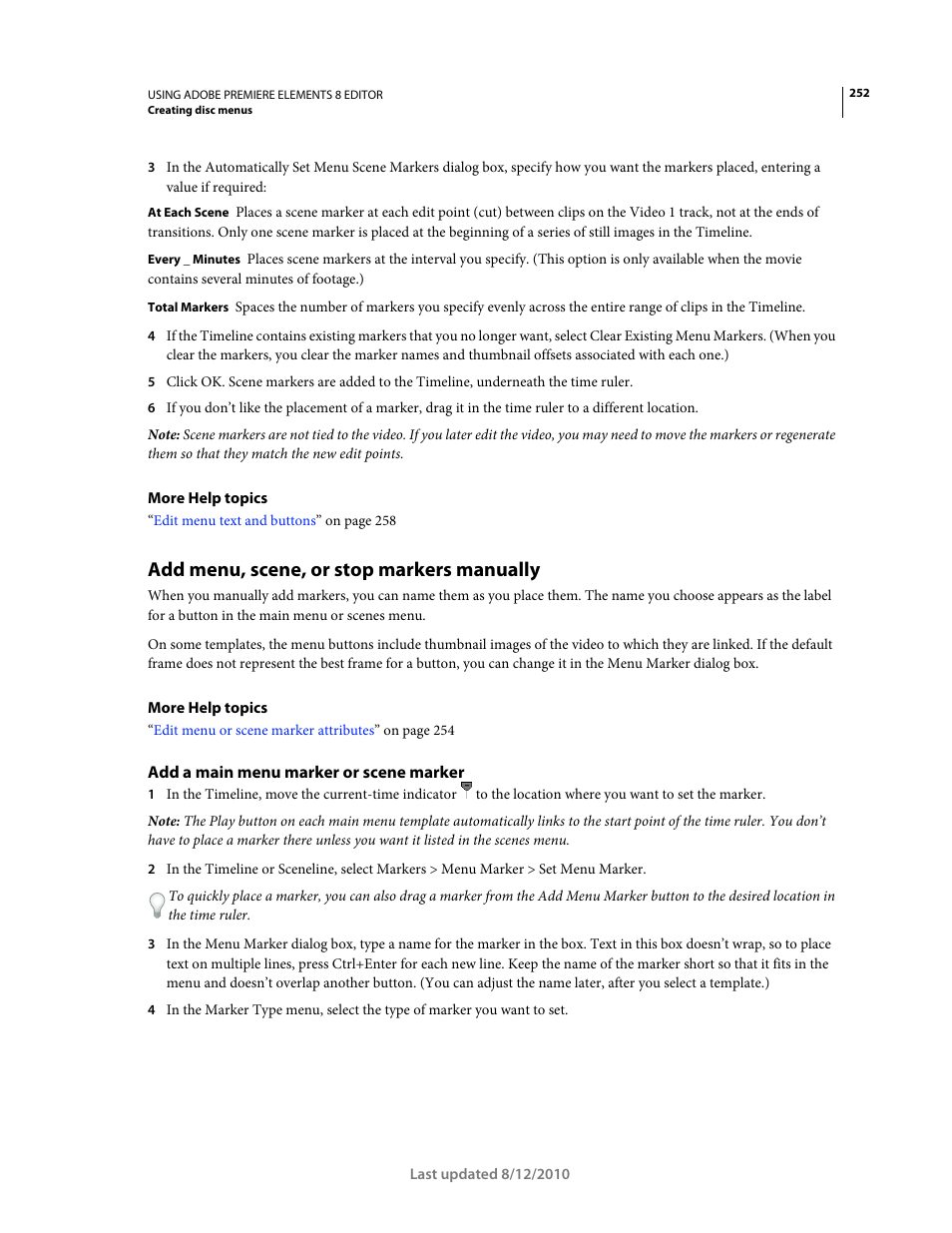 Add menu, scene, or stop markers manually, Add a main menu marker or scene marker | Adobe Premiere Elements 8 User Manual | Page 257 / 313