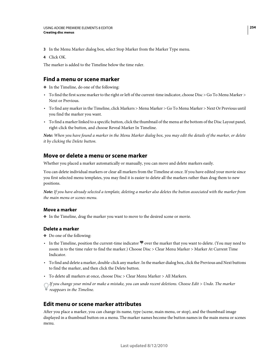 Find a menu or scene marker, Move or delete a menu or scene marker, Move a marker | Delete a marker, Edit menu or scene marker attributes | Adobe Premiere Elements 8 User Manual | Page 259 / 313