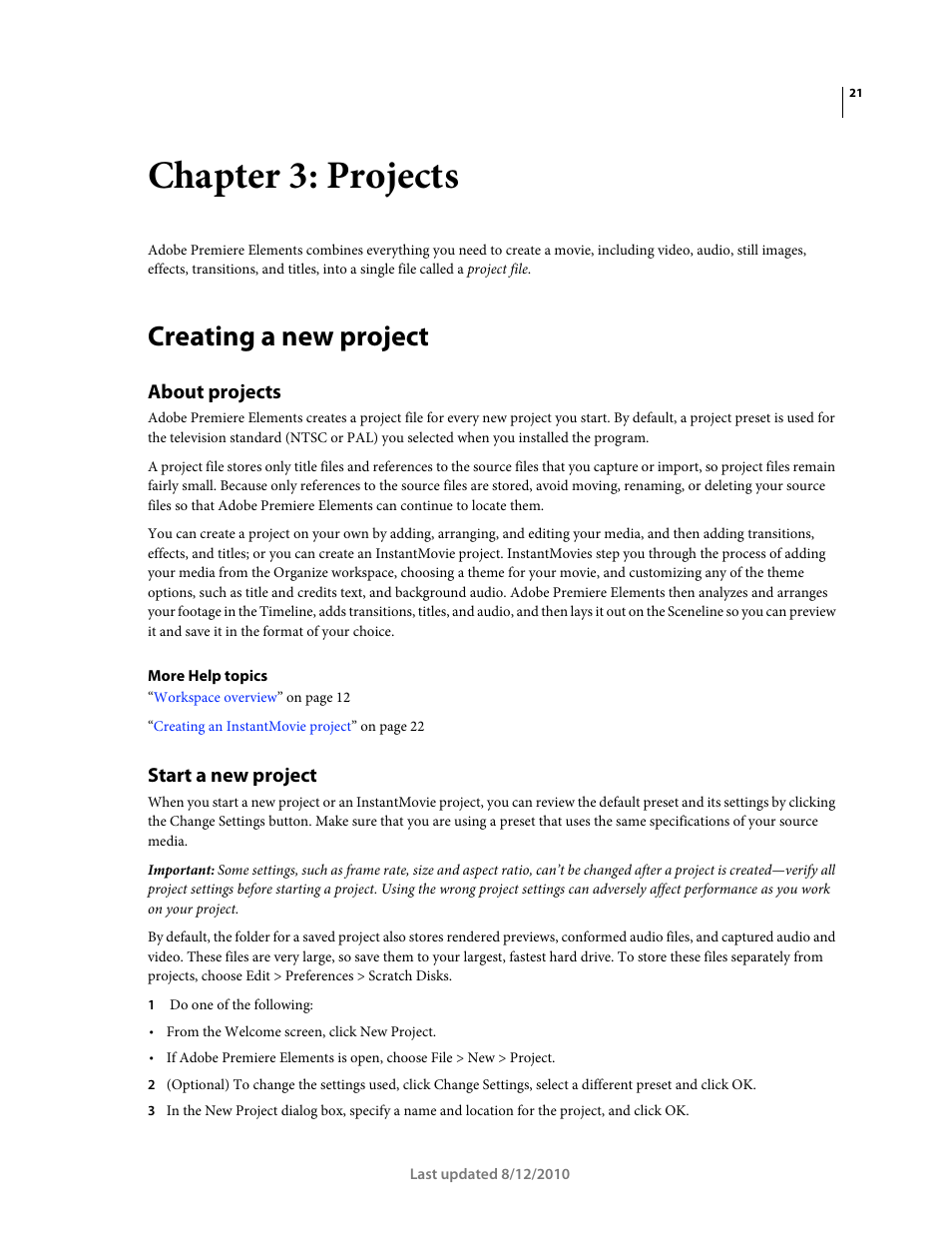 Chapter 3: projects, Creating a new project, About projects | Start a new project | Adobe Premiere Elements 8 User Manual | Page 26 / 313