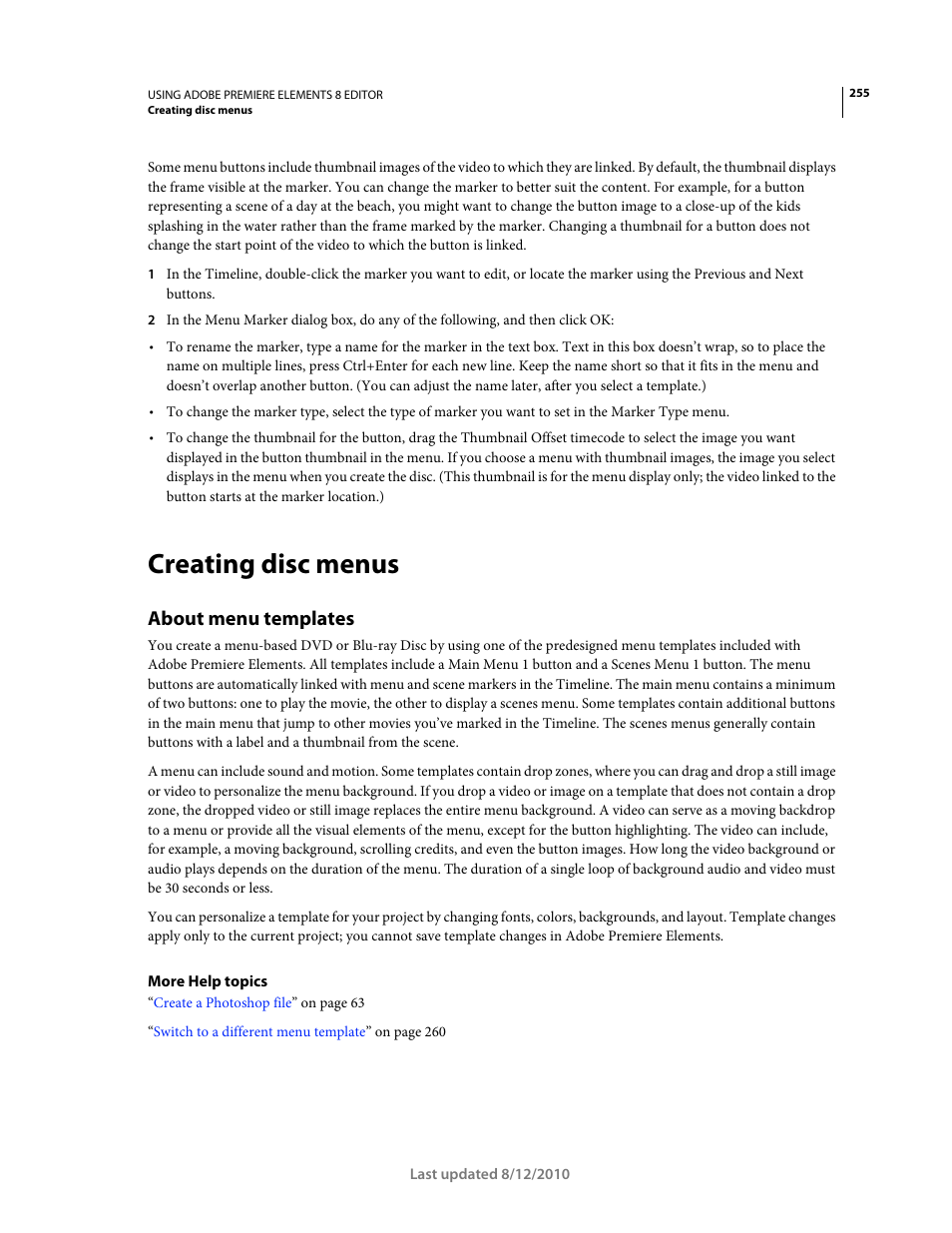 Creating disc menus, About menu templates | Adobe Premiere Elements 8 User Manual | Page 260 / 313