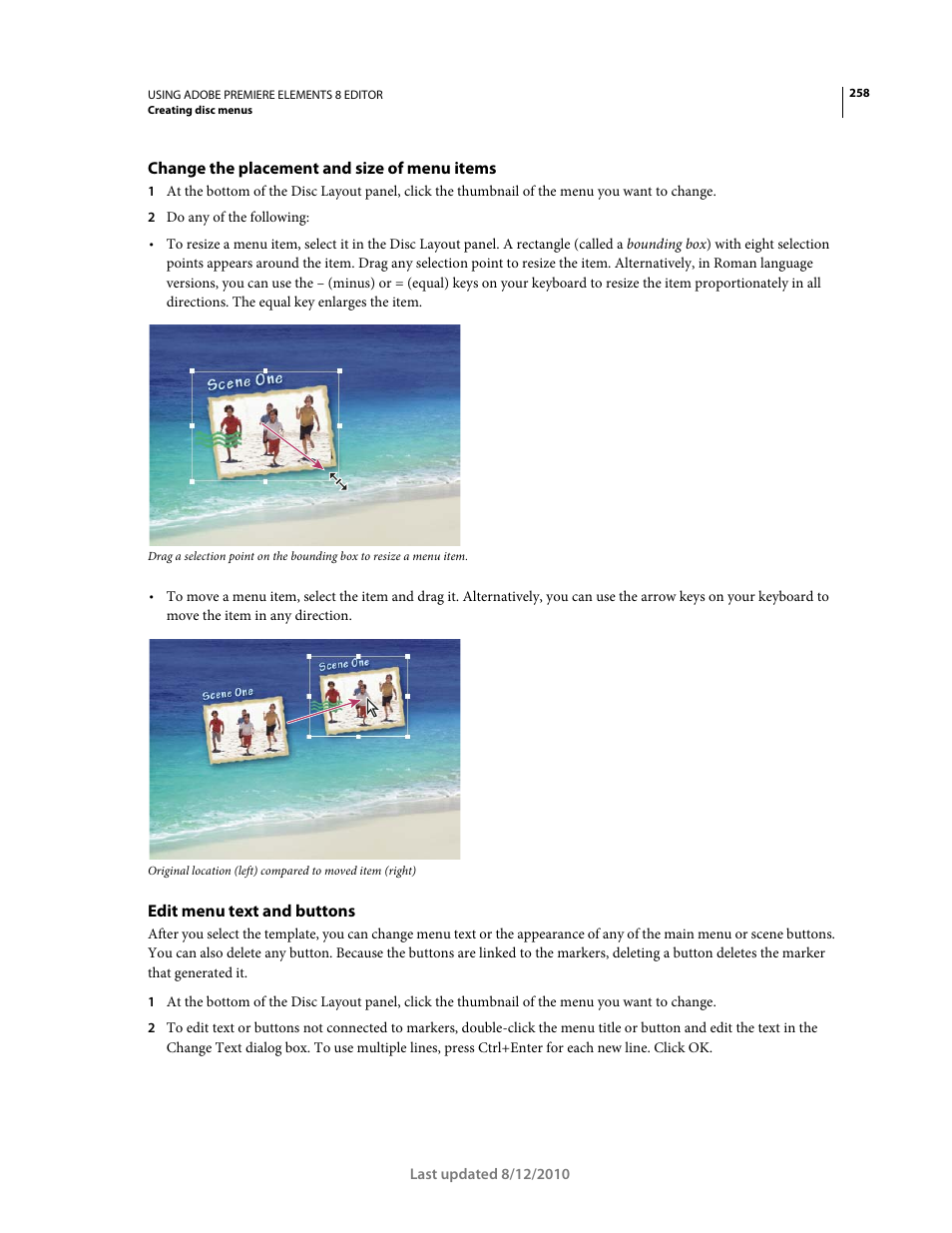Change the placement and size of menu items, Edit menu text and buttons | Adobe Premiere Elements 8 User Manual | Page 263 / 313