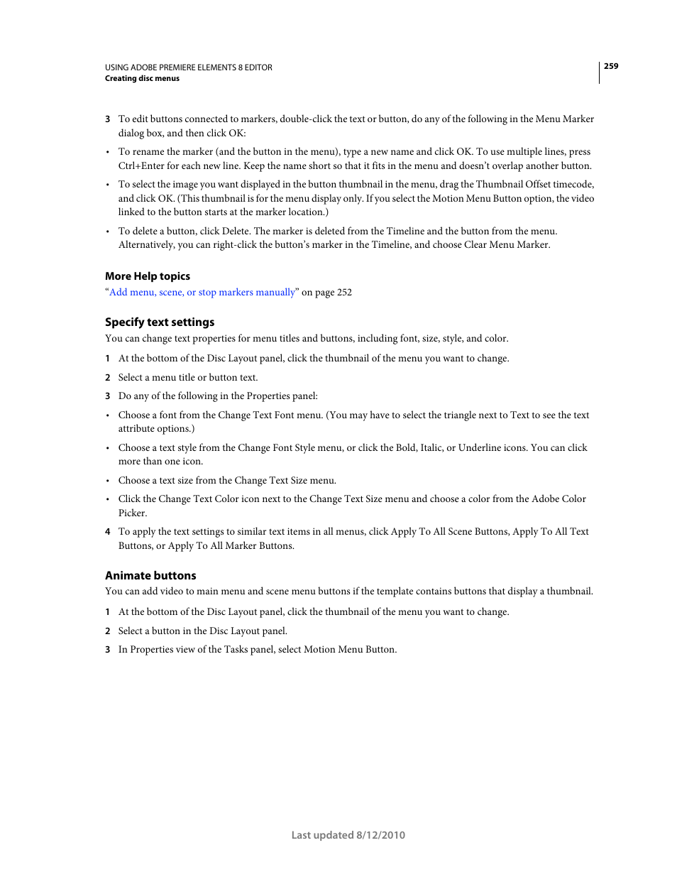 Specify text settings, Animate buttons | Adobe Premiere Elements 8 User Manual | Page 264 / 313