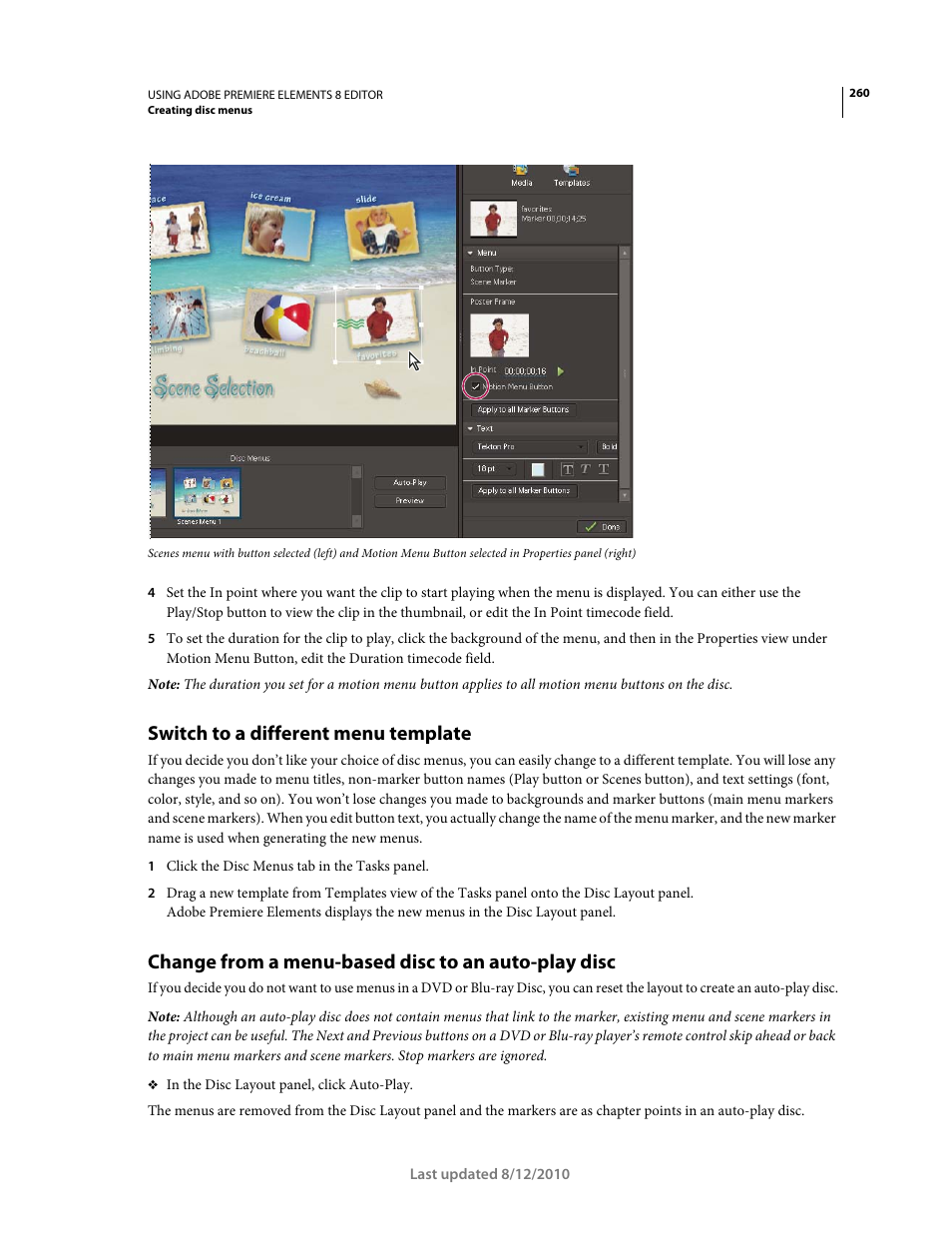 Switch to a different menu template, Change from a menu-based disc to an auto-play disc | Adobe Premiere Elements 8 User Manual | Page 265 / 313