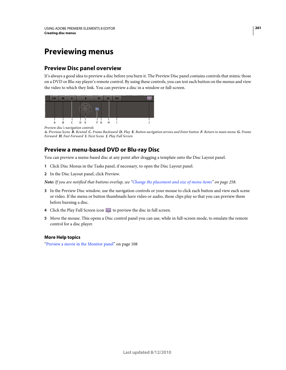 Previewing menus, Preview disc panel overview, Preview a menu-based dvd or blu-ray disc | Adobe Premiere Elements 8 User Manual | Page 266 / 313
