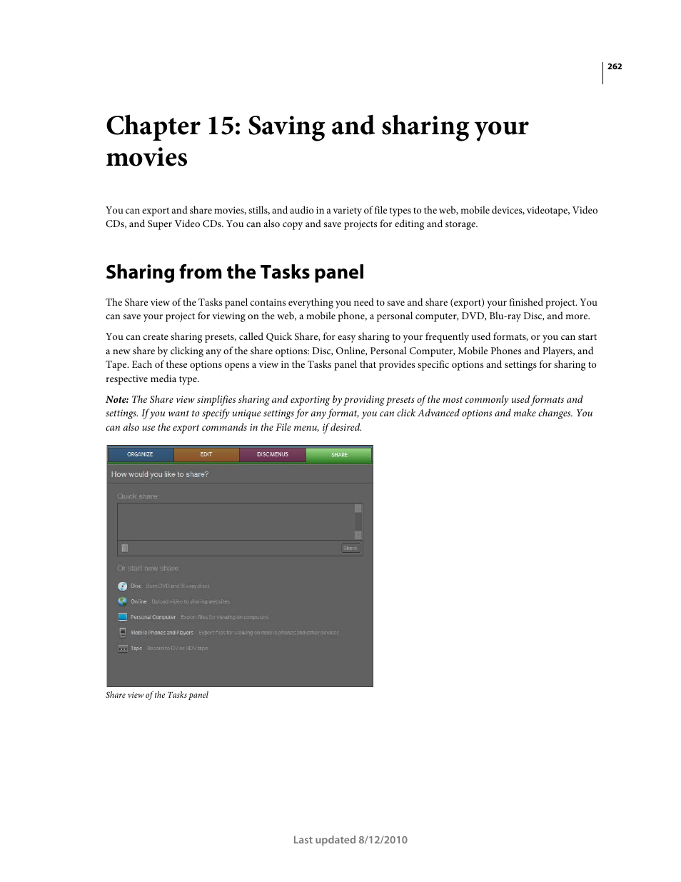 Chapter 15: saving and sharing your movies, Sharing from the tasks panel, Saving and sharing your movies | Adobe Premiere Elements 8 User Manual | Page 267 / 313