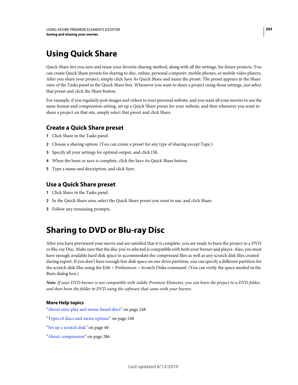 Using quick share, Create a quick share preset, Use a quick share preset | Sharing to dvd or blu-ray disc | Adobe Premiere Elements 8 User Manual | Page 268 / 313