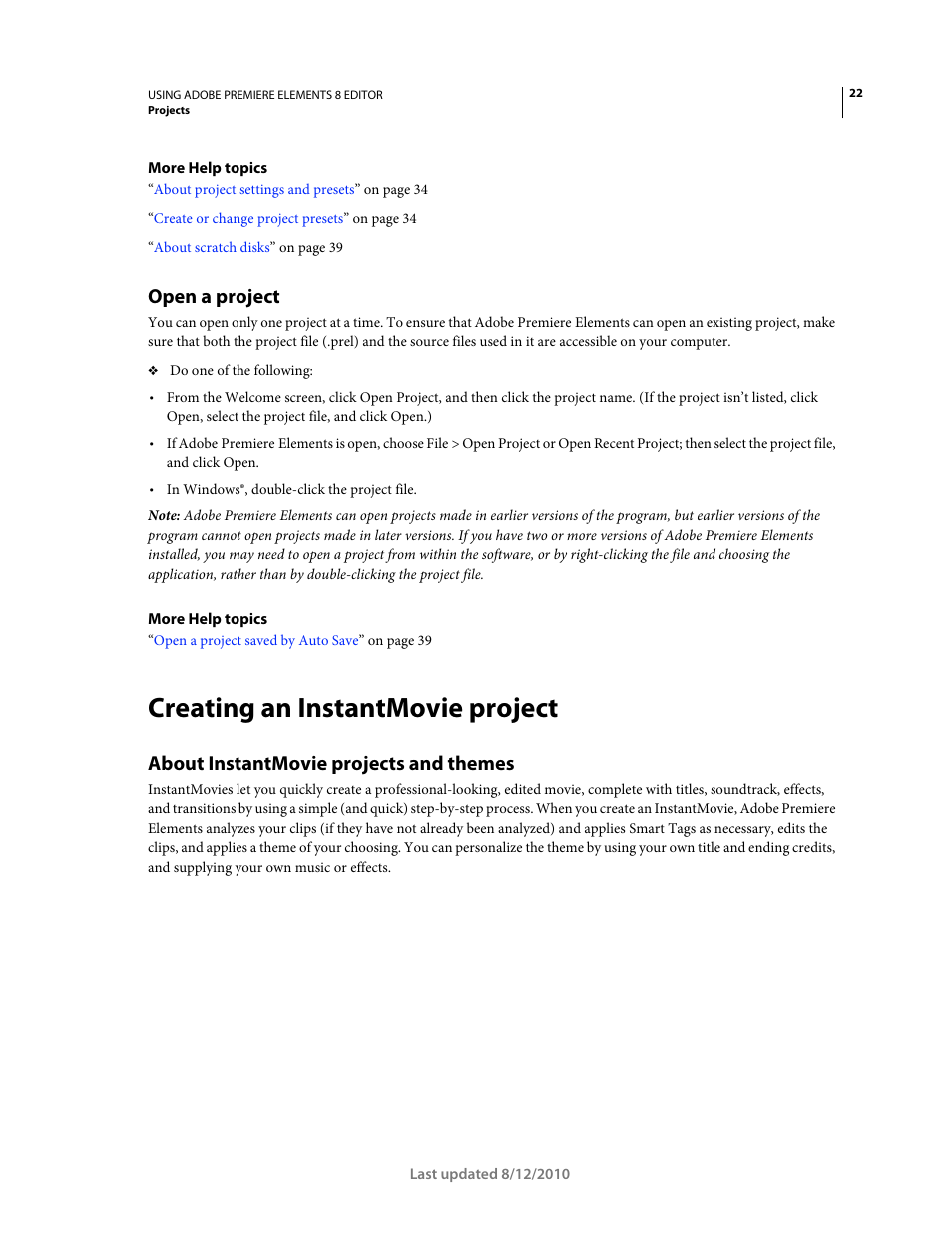 Open a project, Creating an instantmovie project, About instantmovie projects and themes | Adobe Premiere Elements 8 User Manual | Page 27 / 313